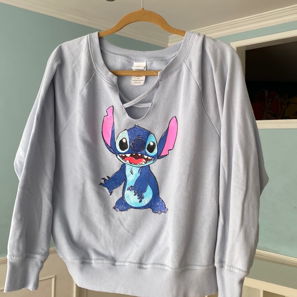Stitch Disney sweatshirt lace-up v-neck distressed look graphic.Dusty light blue - Picture 1 of 4